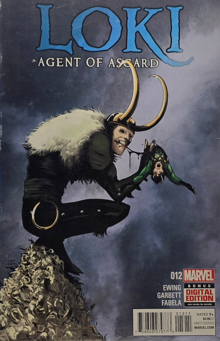 Loki Agent of Asgard issue 12 cover with Loki on a mound of skulls against grey background