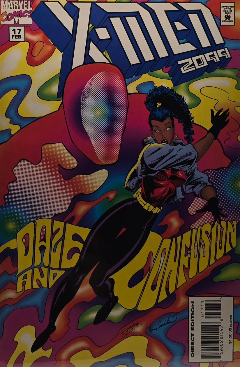 X-Men 2099 #30 Marvel March 1996 — Welcome to X-Nation blue-haired woman green black armour arms spread shadowed figures doorway signed Flores Harry Campbell