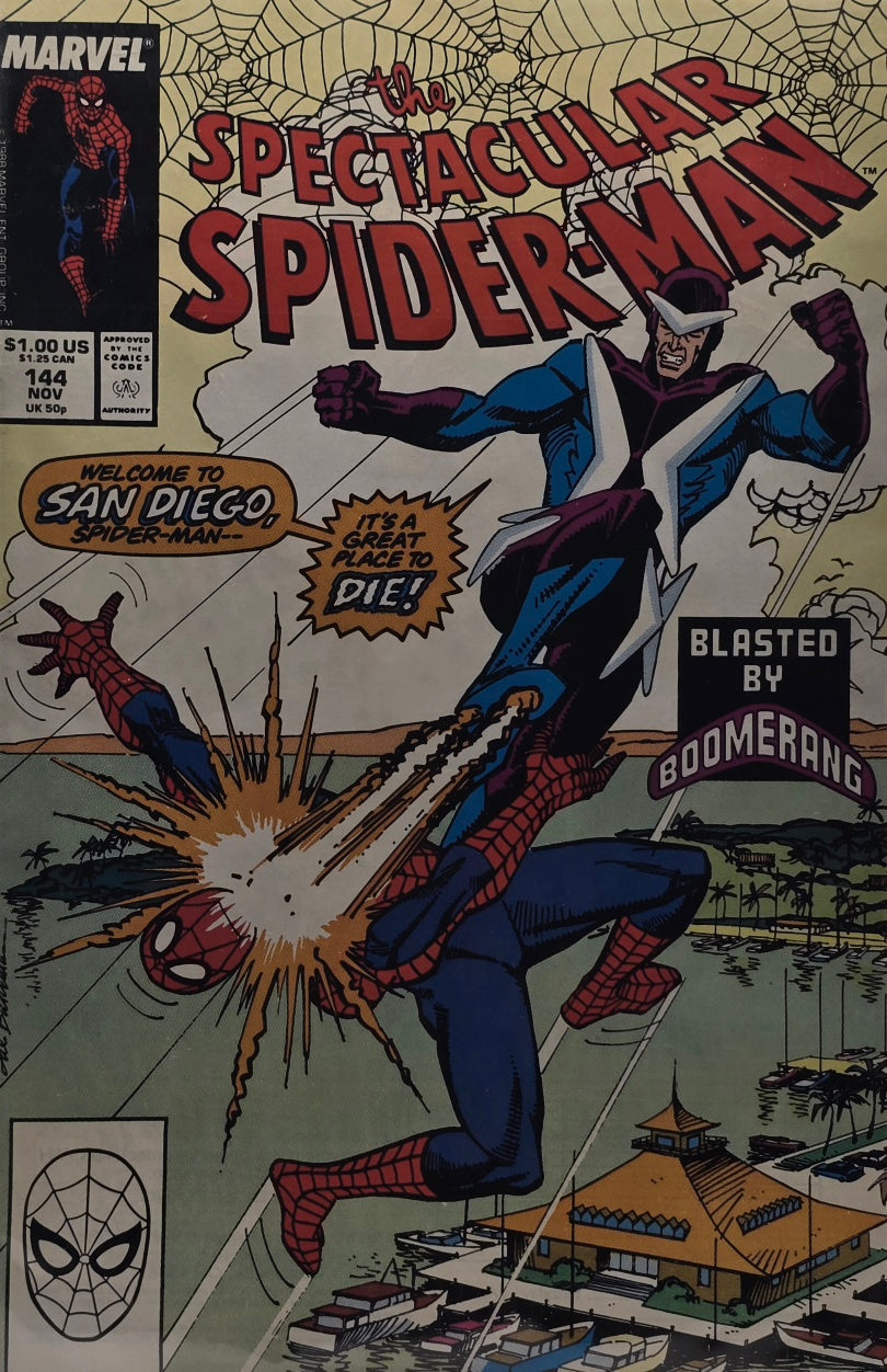 The Spectacular Spider-Man #144 (Marvel, November 1988) — “Blasted by Boomerang!” — Welcome to San Diego!