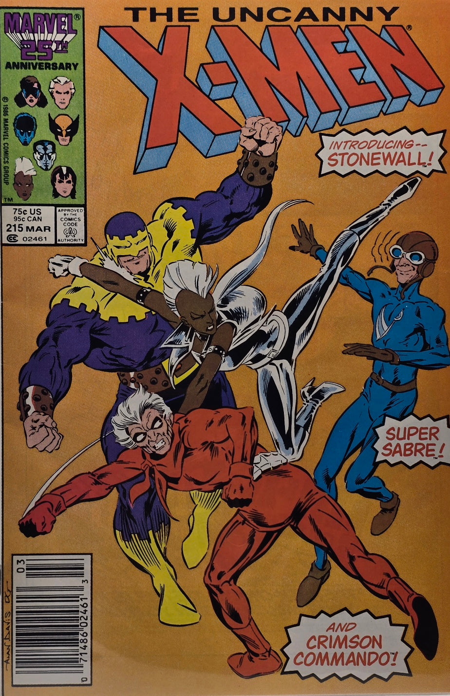 Uncanny X-Men #215 — Introducing Stonewall! Super Sabre! And Crimson Commando! (25th Anniversary, March 1987)