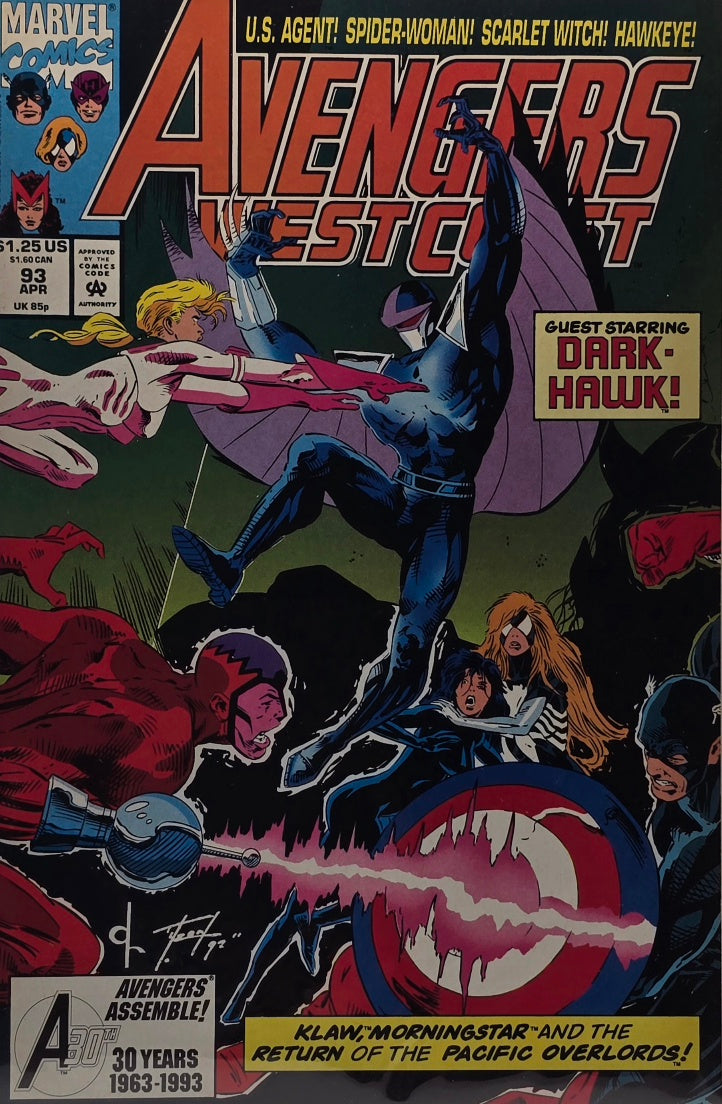 Avengers West Coast #93 — Guest-Starring: Dark-Hawk! — "Klaw, Morningstar & the Return of the Pacific Overlords!" (Marvel, April 1993)