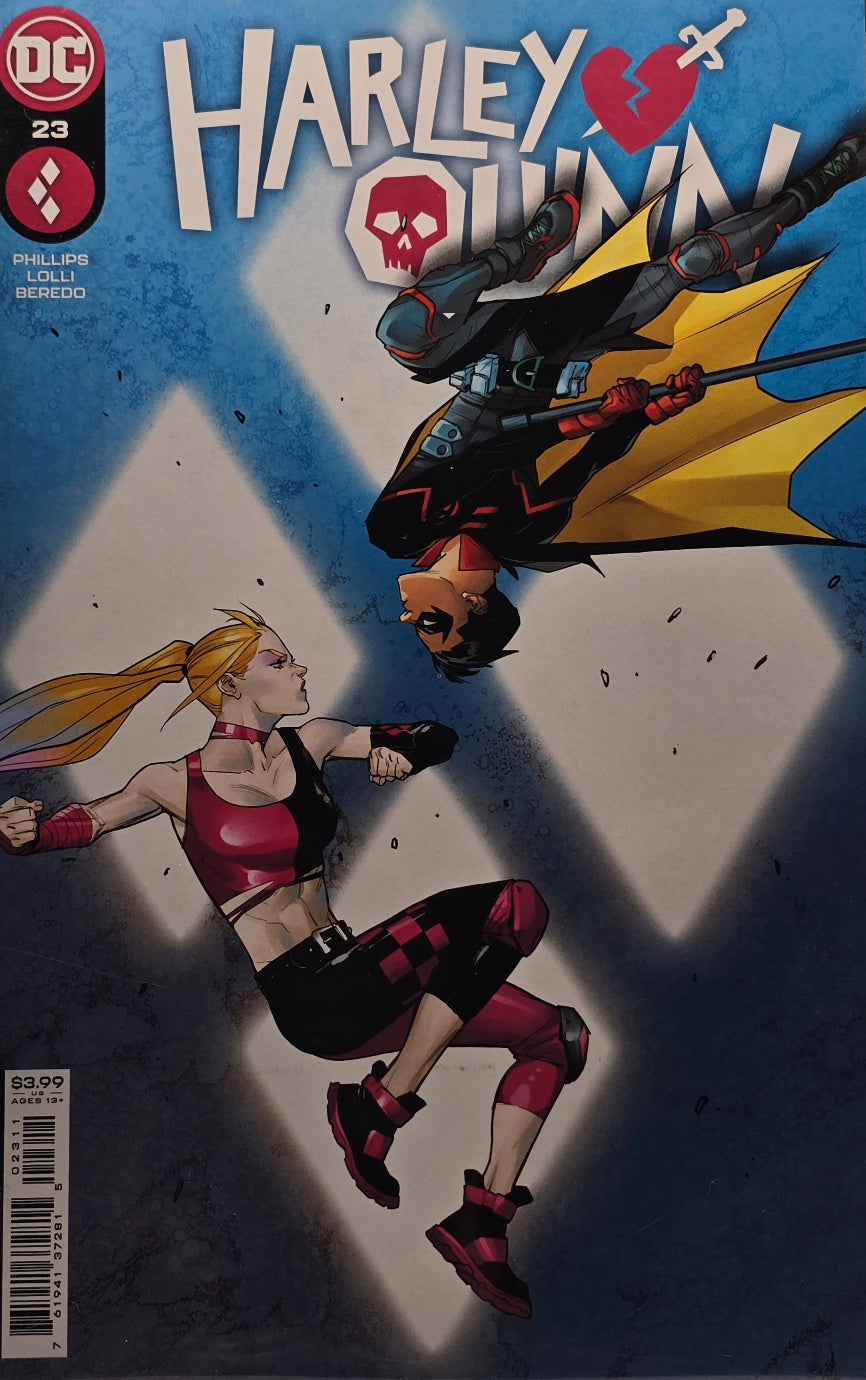 Harley Quinn issue 23 cover showing her in a mid-air clash with a masked opponent