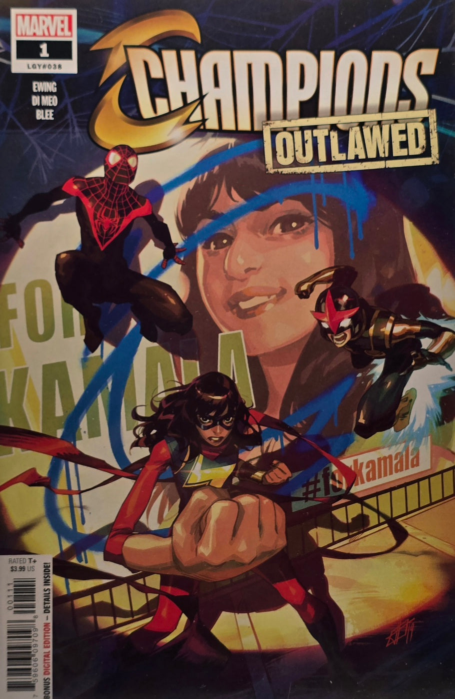 Champions: Outlawed #1 (Marvel) — LGY#038 — Ewing / Di Meo / Blee — Ms. Marvel / Miles Morales / Ironheart