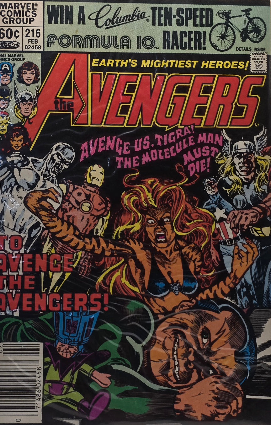 The Avengers #216 — "Avenge Us, Tigra! The Molecule Man Must Die!" (Marvel Comics Group) — February 1982 — Newsstand Edition