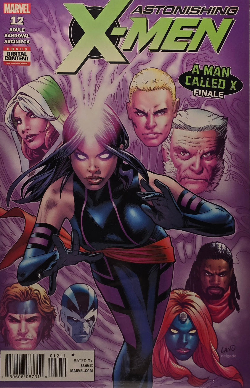 Astonishing X-Men #12 — “A Man Called X: Finale” (Marvel) — Soule, Sandoval & Arciniega — Greg Land Cover — Rated T+ — Bonus Digital Content