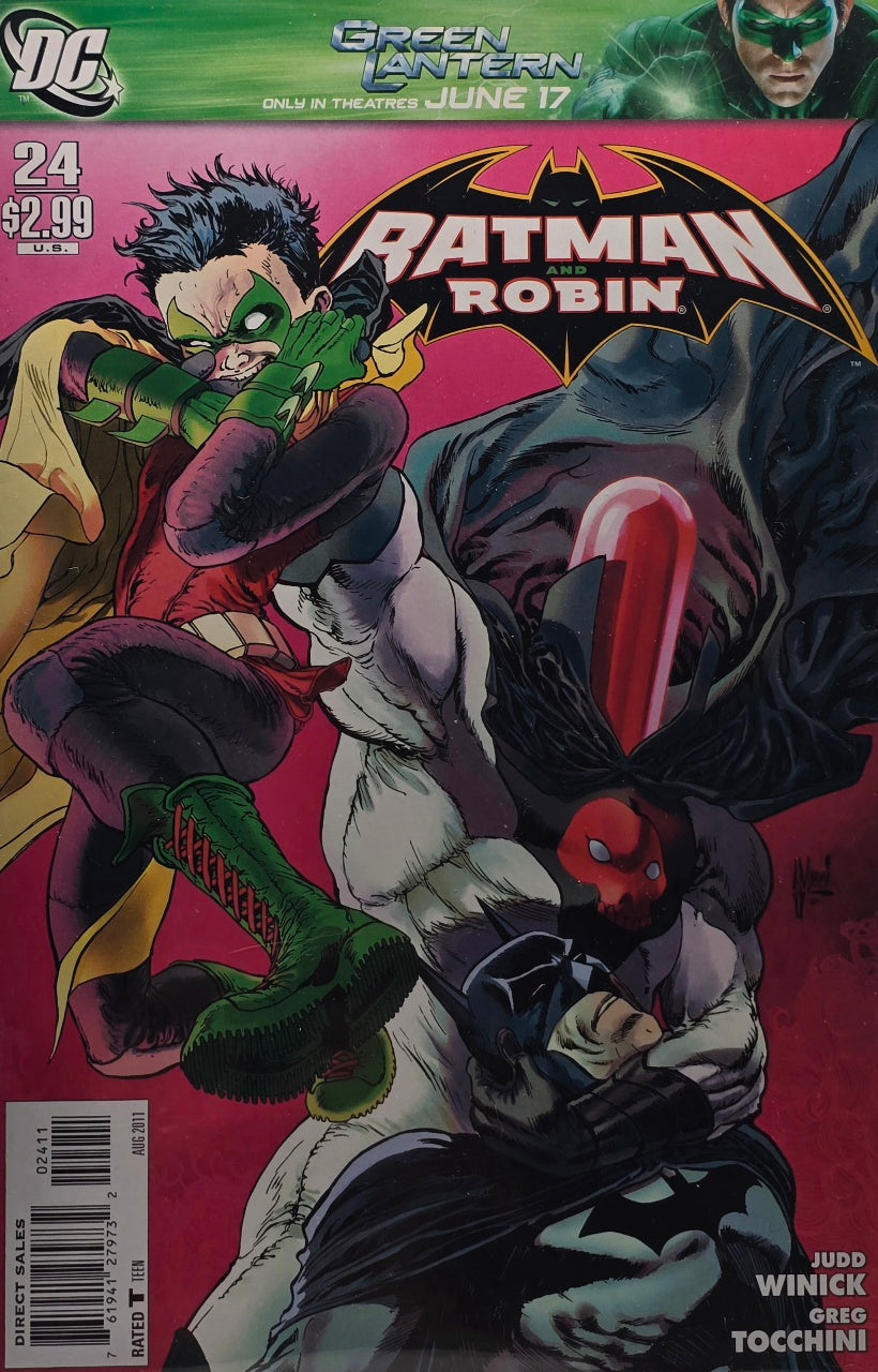 Batman and Robin #24 DC Comics Rated T Aug 2011 — Robin Red Hood close-quarters clash red helmet green glove crimson magenta background Green Lantern movie promo strip Winick Tocchini