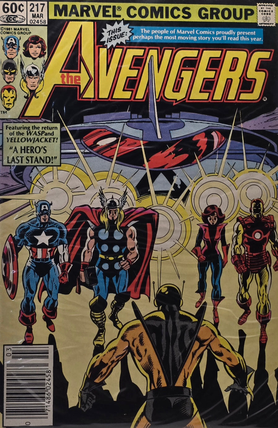 The Avengers #217 — "A Hero's Last Stand!" (Marvel Comics Group) — Featuring the Return of the Wasp and Yellowjacket — March 1982 — Newsstand Edition