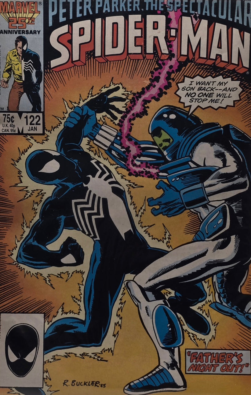 Peter Parker, The Spectacular Spider-Man #122 (Marvel, January 1987) — “Father’s Night Out!” — Black Costume Era — Marvel 25th Anniversary