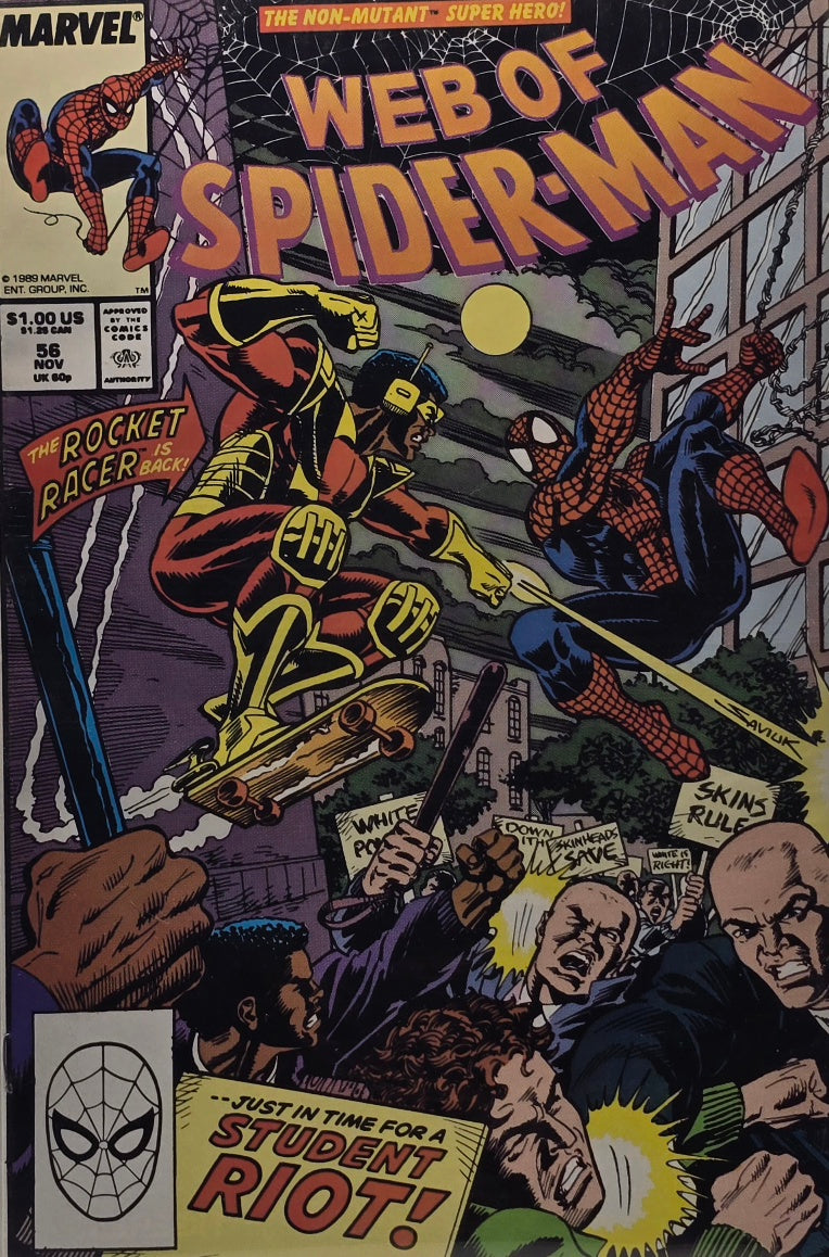 Web of Spider-Man #56 (Marvel, November 1989) — “...Just in Time for a Student Riot!” — The Rocket Racer Is Back!
